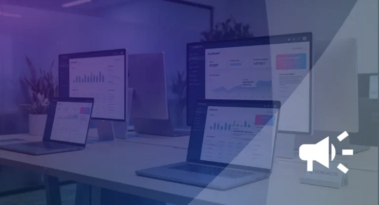 Laptops and monitors displaying the Vendasta dashboard with analytics and AI-powered insights