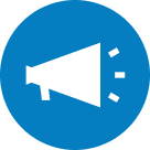 White megaphone icon on blue circular background.