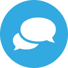 Two speech bubbles in a blue circle.