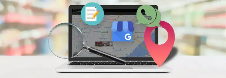 Laptop showing search, content, Google business listing, location pin and contact icons
