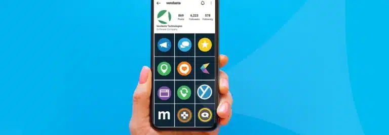 Mobile phone showing Vendasta social media grid layout with featured products