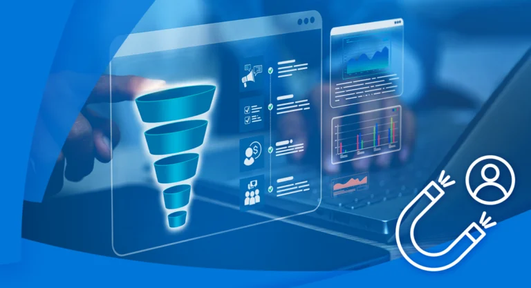 Digital marketing funnel and analytics on a laptop screen.