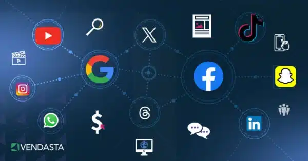 Graphic of digital marketing channels including Google, YouTube, Instagram, Whatsapp, Facebook, TikTok, Snapchat, Linkedin, Messenger