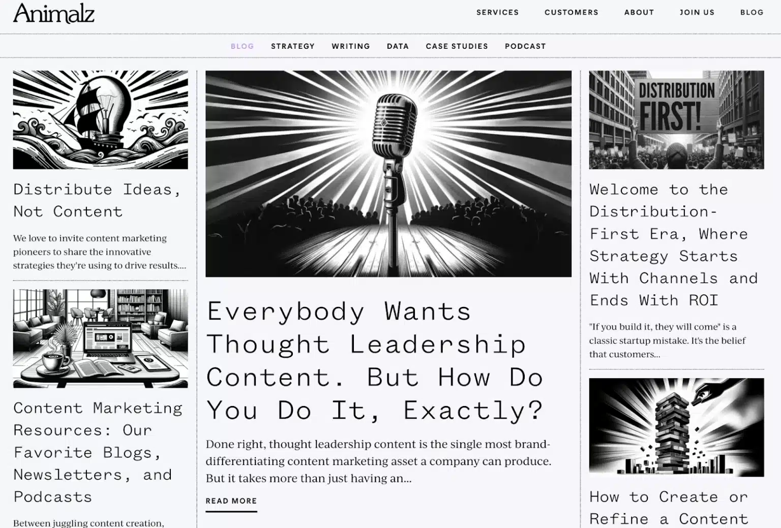 marketing-web-agency-website-10-1536×1039 Blog homepage with articles and microphone graphic.