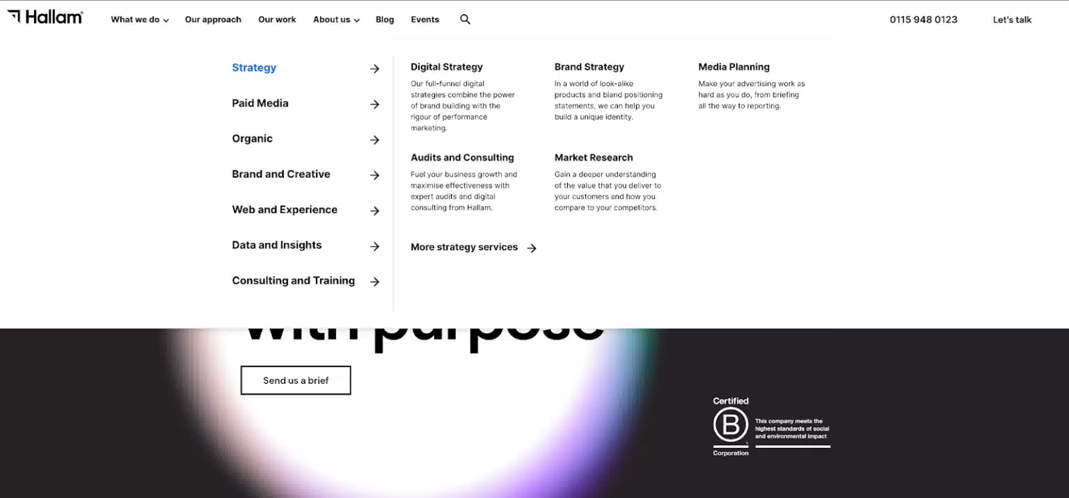 marketing-web-agency-website-5-1536×716 Website navigation menu with strategy service options.