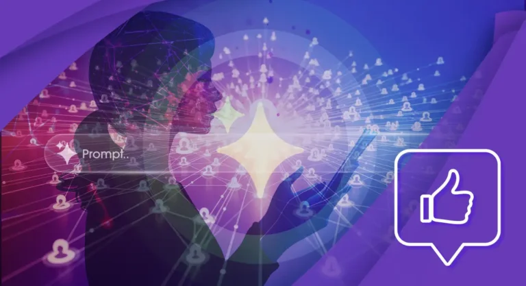 Silhouette of a woman using a mobile device with AI-generated social media icons radiating outward to represent smarter content creation prompts.
