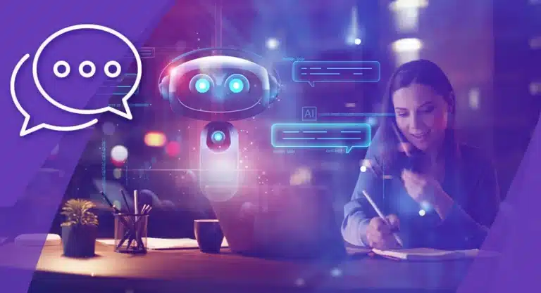 Woman engaging with a glowing AI chatbot interface representing conversational AI in business.