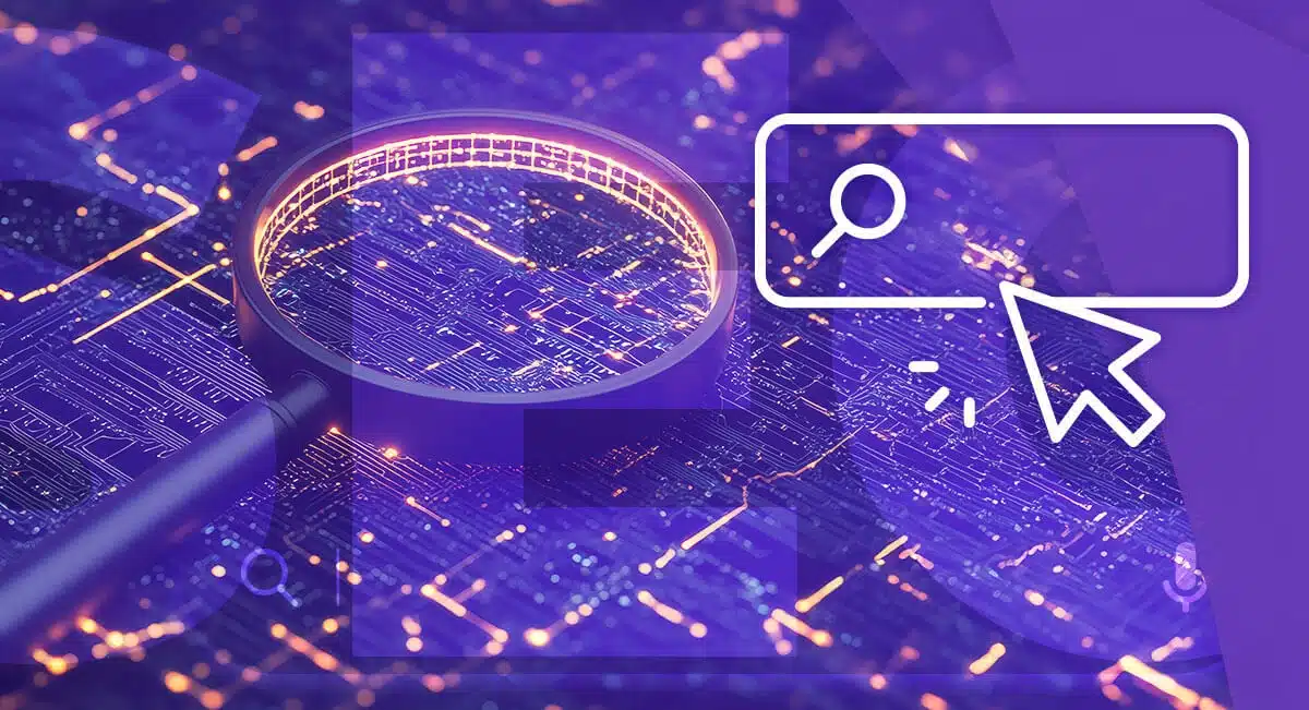 seo-automation-with-ai-vendasta Magnifying glass over a digital circuit board representing SEO automation and AI-powered search optimization.