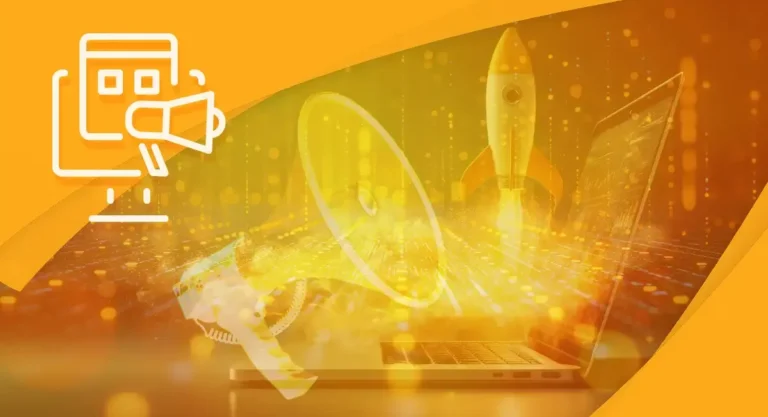 Yellow-toned digital marketing visual featuring a laptop, megaphone, and rocket symbolizing business growth and marketing acceleration.