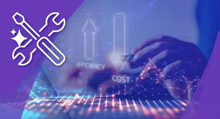 Digital interface highlighting increased efficiency and reduced costs using AI tools.