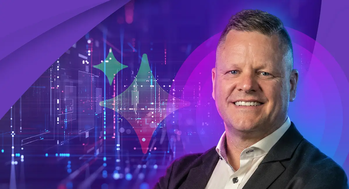 AI-leadership-AI Leadership in Action- Lessons from Vendasta CEO Brendan King copy Portrait of Vendasta CEO Brendan King with an abstract AI and data visualization background representing AI leadership in action.