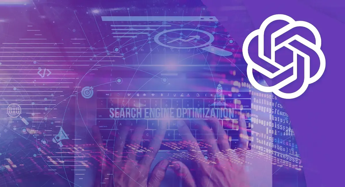 How to Rank on ChatGPT- The New Frontier of SEO copy 2 Hands typing on keyboard with search engine optimization visuals and OpenAI logo.