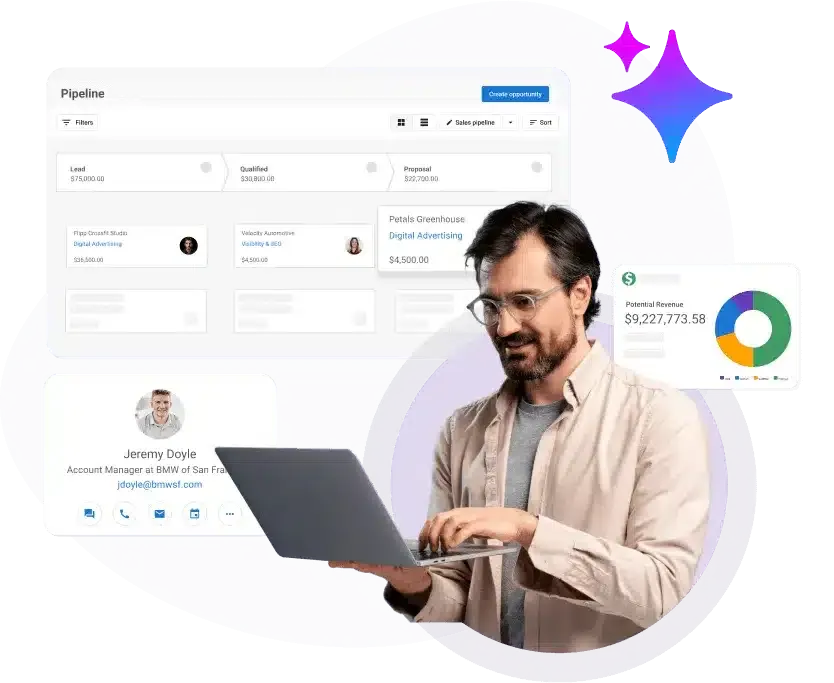White-label CRM dashboard supporting AI chatbot lead capture and sales pipelines.