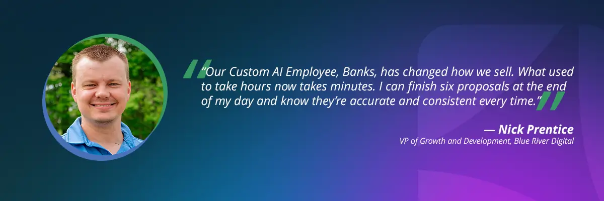 Custom AI Assistants in action: quote from partner Nick Prentice on using Vendasta's Custom AI Employee