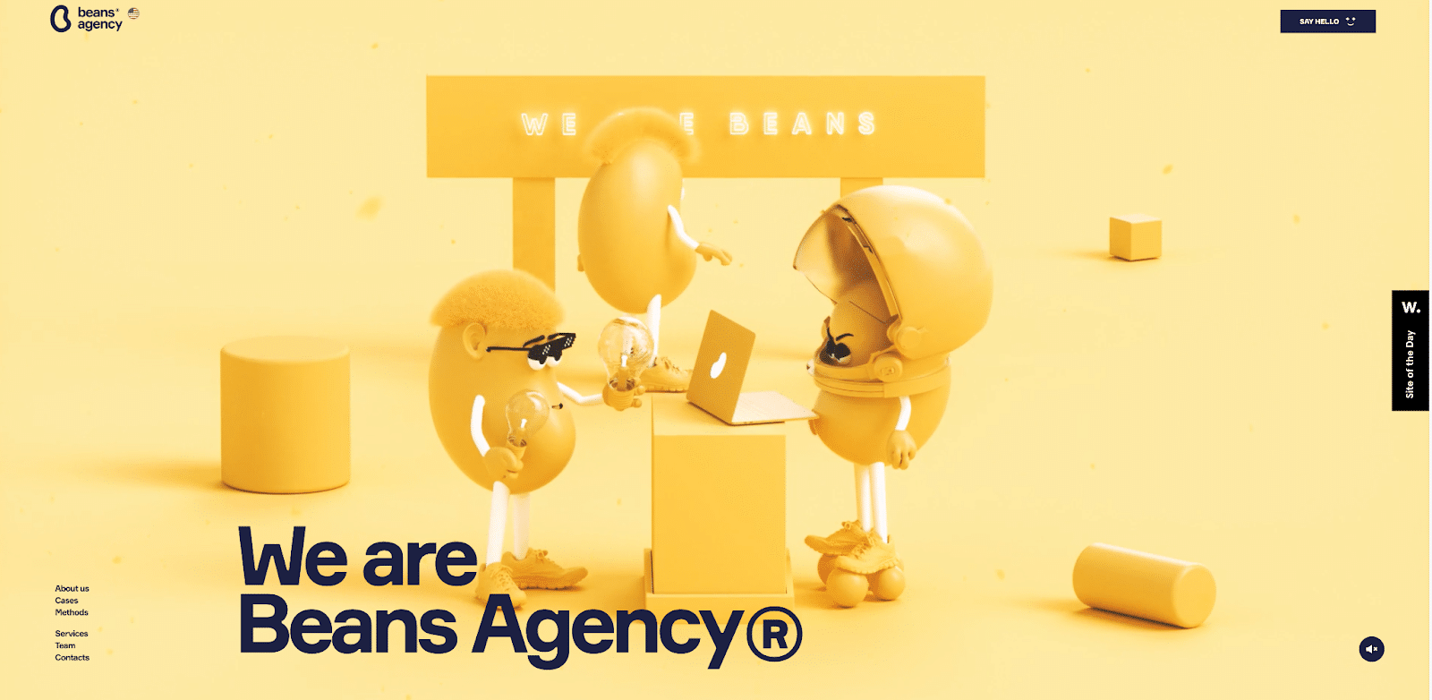 marketing-web-agency-website-2 Cartoon beans engaging with a laptop on a yellow background.