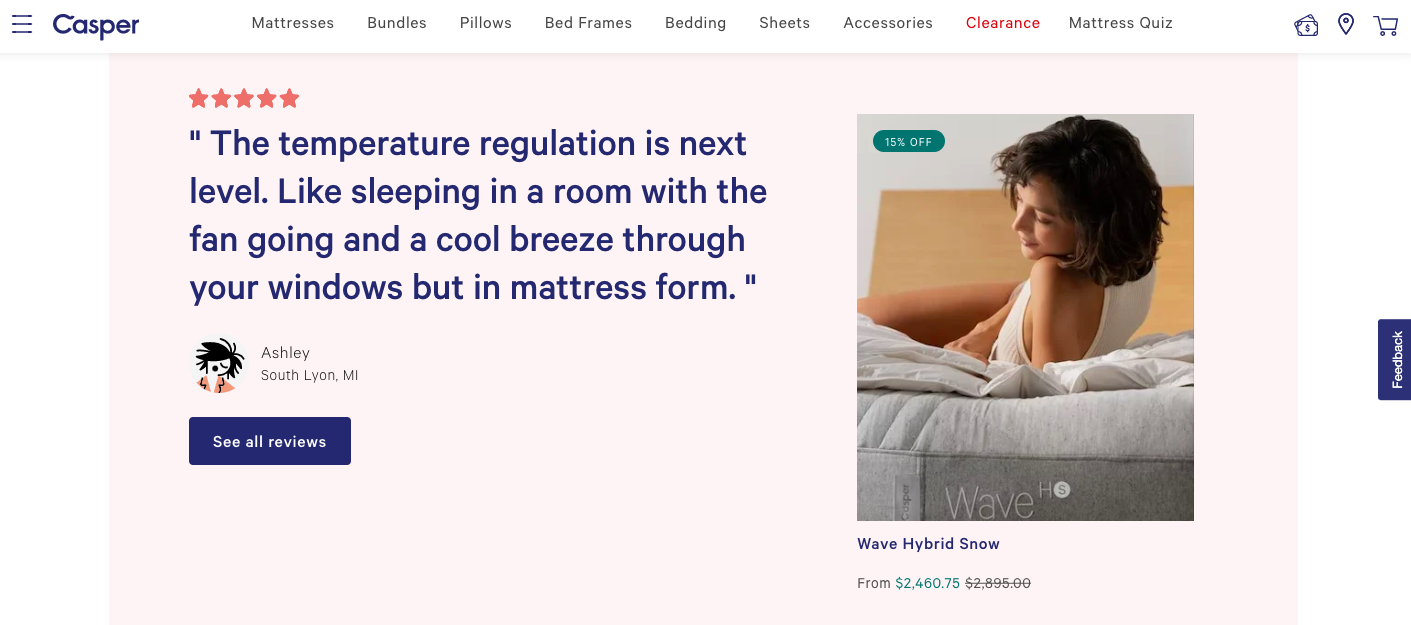 wordpress-branding-casper Woman sitting on a mattress, sharing a review.