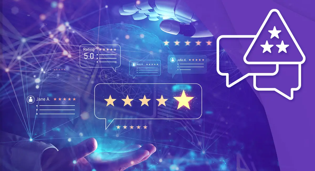 AI-powered reputation management visual showing star ratings, customer reviews, and automated review analysis.