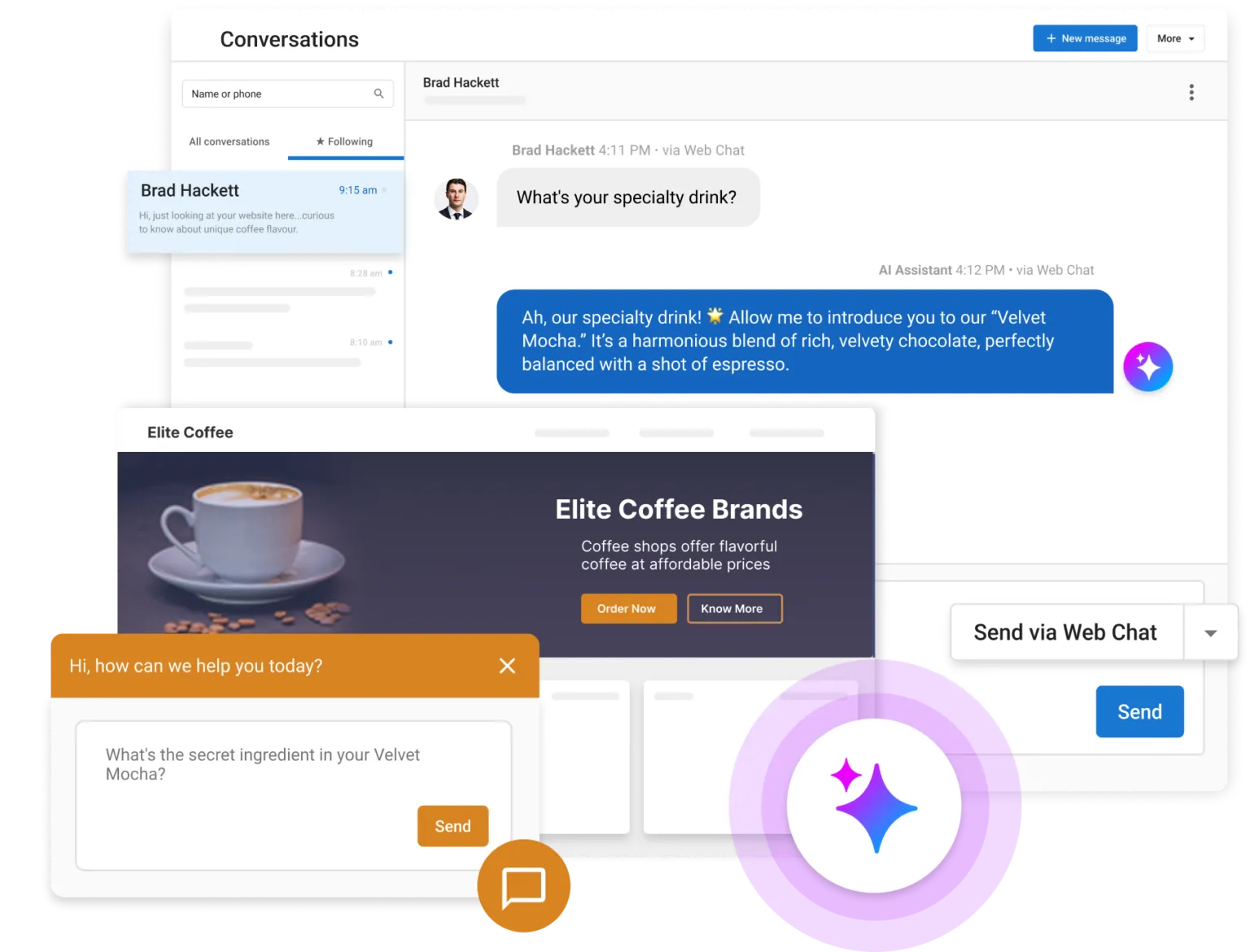 AI assistant responding to customer questions in a web chat, showing faster engagement for local businesses.