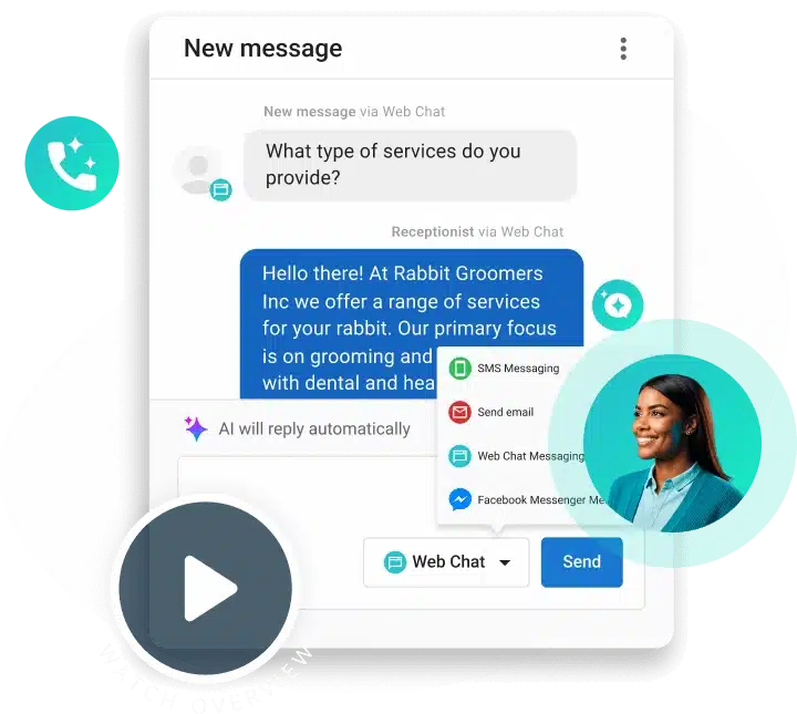Interface mockup of an AI receptionist managing multi-channel customer communications to streamline workforce productivity.