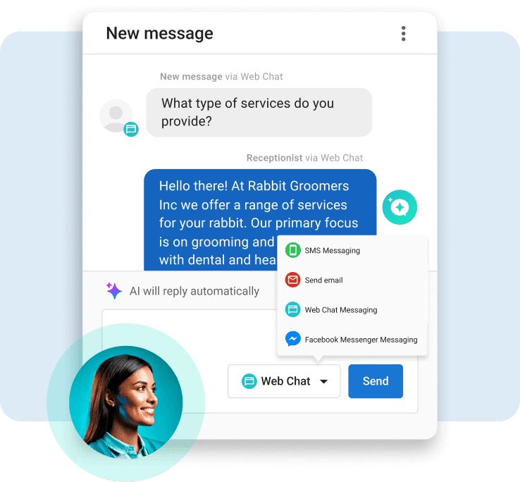 Vendasta's AI receptionist responding to a web chat inquiry to enhance marketing agency growth strategy