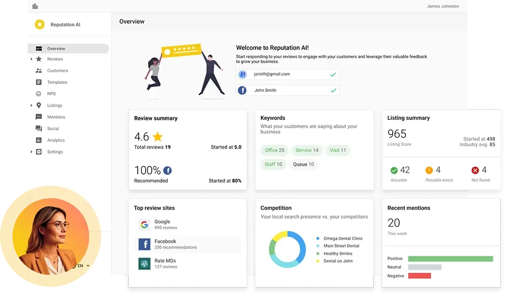 Reputation AI overview displaying review summaries, keyword trends, and local search competition metrics.