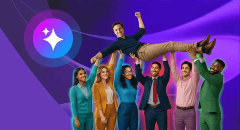 Diverse team lifting a colleague, symbolizing human-led success powered by AI marketing agents.