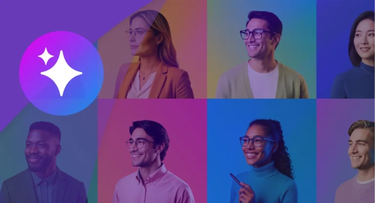 Grid of diverse professionals representing a collaborative human-in-the-loop AI agent workforce model.