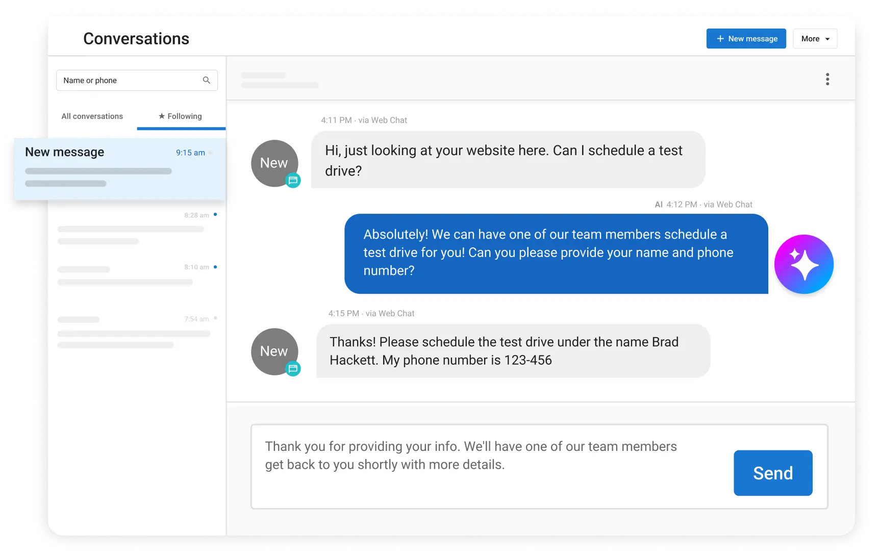 Web chat window scheduling a test drive to show high-intent conversion for an AI agency vs chatbot.