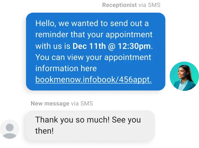 Automated SMS appointment reminder sent to a customer to reduce no-shows.