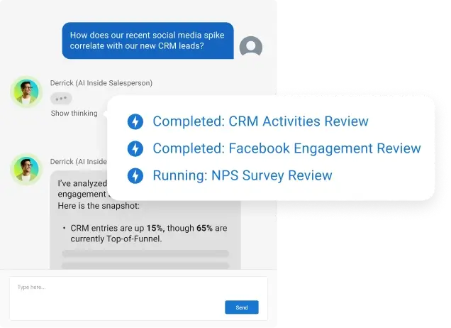ai-data-analyst-agent-data-across-tech-stack-vendasta Data analyst agent querying CRM and Facebook engagement to correlate social media spikes with leads.