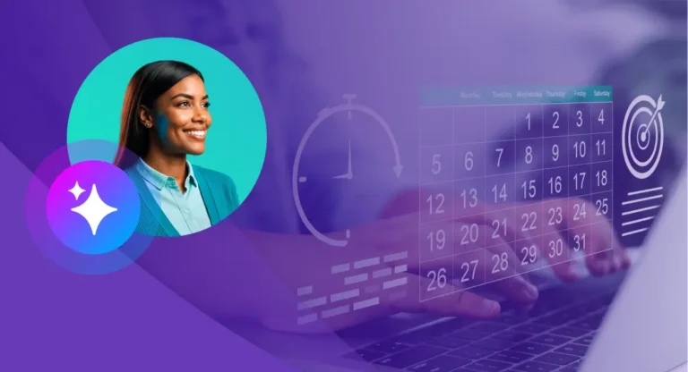 Smiling professional with calendar interface showing virtual receptionist appointment scheduling workflow.