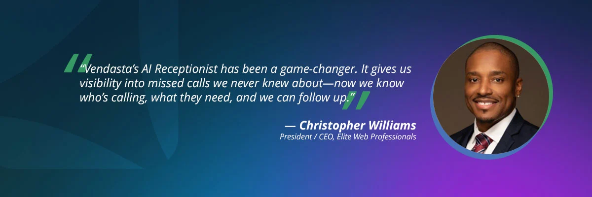 conversation-intelligence-ai-receptionist-quote-1-christopher-williams-vendasta Business leader explaining how conversation intelligence improves visibility into customer calls.