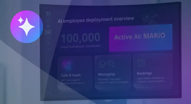 Vendasta AI employee deployment dashboard showing MARiO active across 100,000 local businesses in Italy, with calls, messaging, and booking features