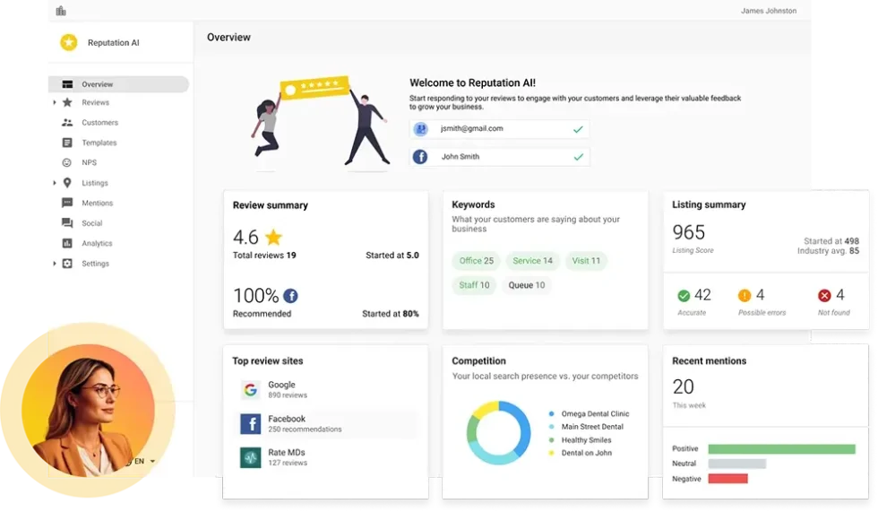 saas-customer-retention-reputation-overview-dashboard-vendasta Reputation dashboard tracking reviews, ratings, and insights for SaaS customer retention.