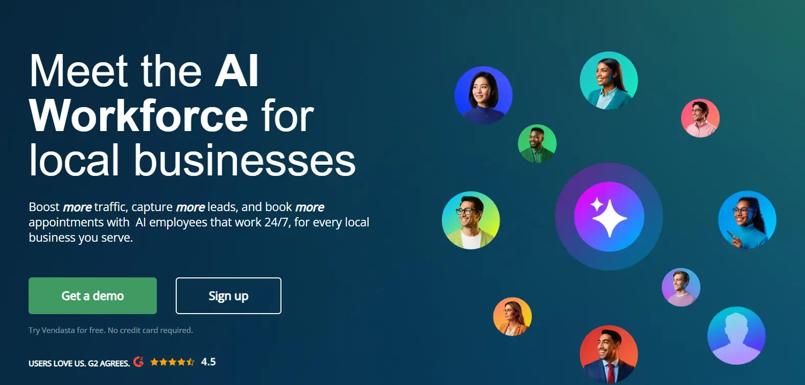vendasta Vendasta AI Workforce platform homepage showing AI employees that help local businesses capture leads 24/7.
