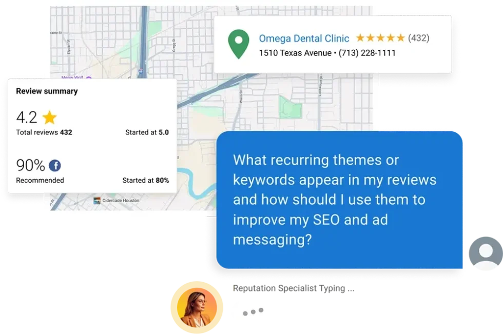 AI analyzing customer reviews and local visibility data to improve business performance.