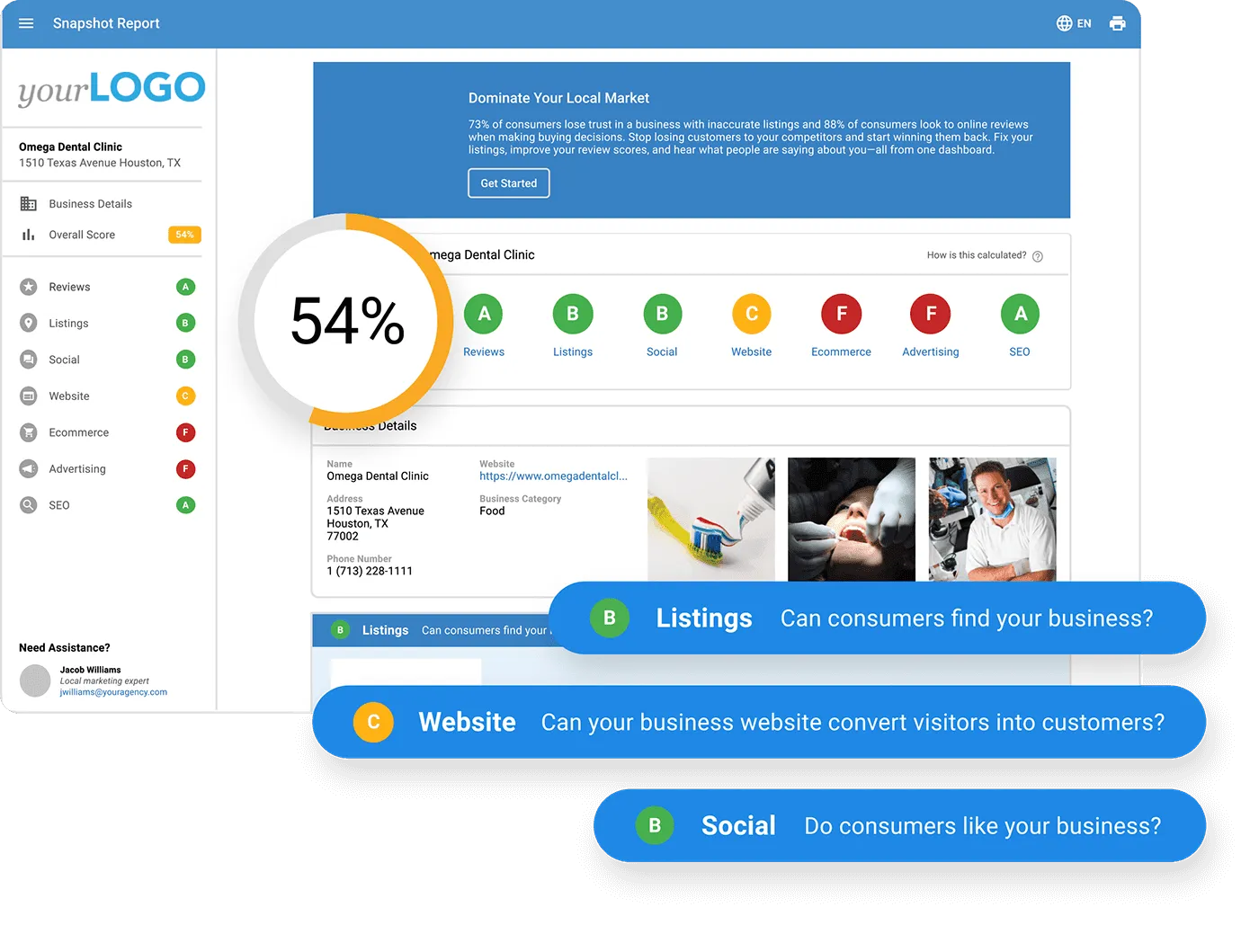 Snapshot report dashboard displaying business performance insights powered by AI agents.