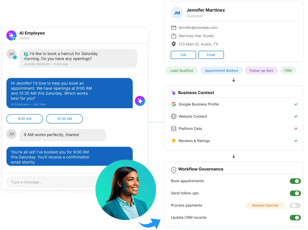 ai-for-saas-renewals-ai-employees-vendasta Vendasta AI Employee booking an appointment and updating CRM records — AI for SaaS renewals automating engagement end-to-end.