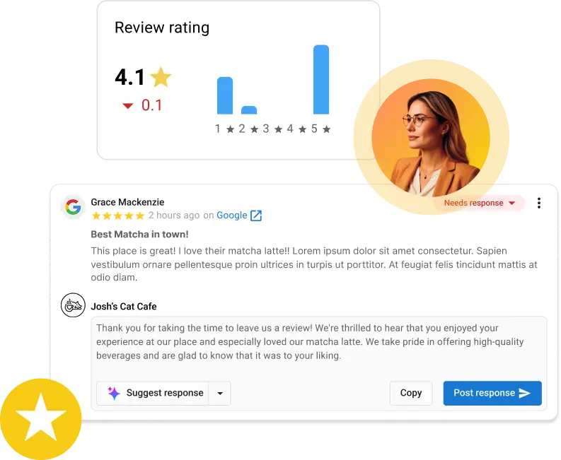 Vendasta AI Reputation Specialist suggesting a response to a 5-star Google review with review rating dashboard