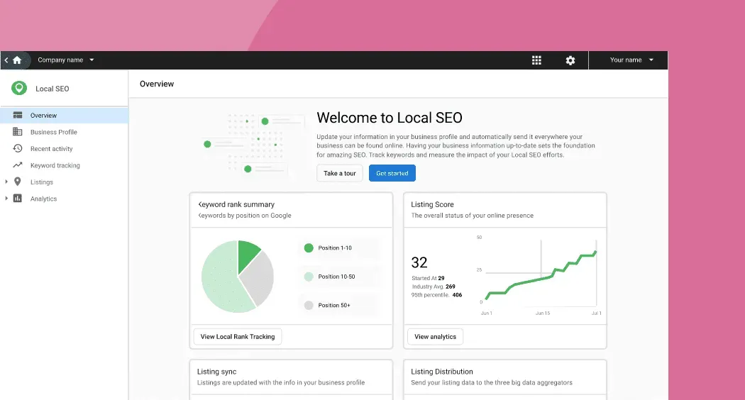 home-service-franchise-marketing-strategy-seo-software-vendasta SEO dashboard improving local search performance in a home service franchise marketing strategy.