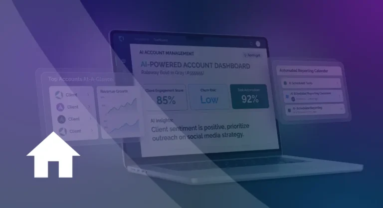 AI-powered account management dashboard displaying client engagement scores, churn risk, and task automation metrics.