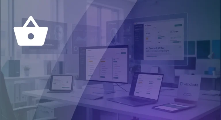 How to Sell AI to Local Businesses The Reframe Behind 80+ Six-Figure Deals Vendasta AI Workforce dashboard displayed across multiple devices showing AI agents, campaign analytics, and AI content writer tools used by agencies to sell AI to local businesses