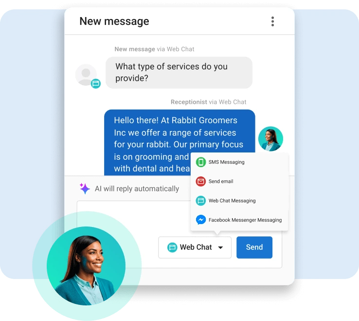 ai-receptionist-vendasta Screenshot of a messaging interface showing an AI receptionist automatically replying to a website visitor's question about services, with a dropdown menu displaying channel options including SMS, email, web chat, and Facebook Messenger.