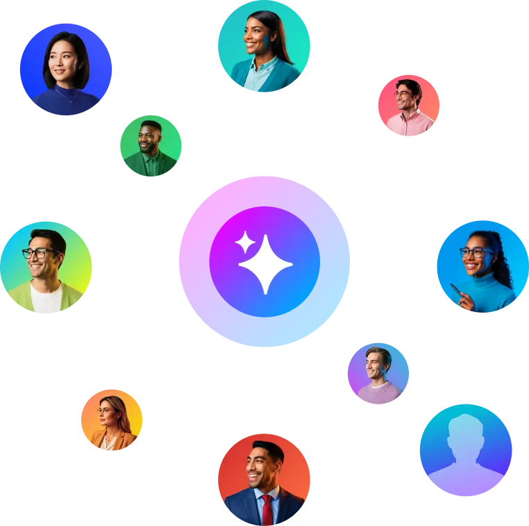 ai-workforce-vendasta Illustration of diverse people in colorful circular portrait frames arranged around a central glowing purple AI icon, representing a connected network of users engaging with an AI platform.