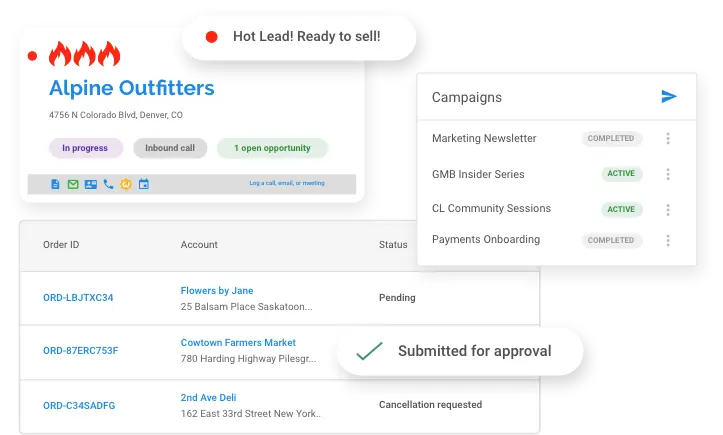 crm-4-vendasta Screenshot of a CRM dashboard displaying a hot lead profile for Alpine Outfitters with active campaigns, order statuses for multiple accounts, and deal pipeline indicators including pending, submitted for approval, and cancellation requested.