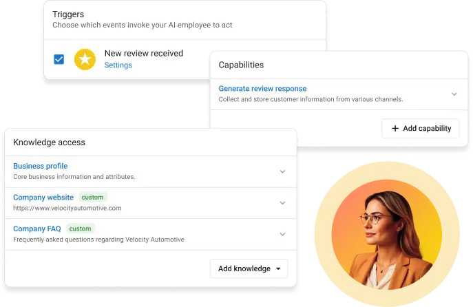 will-ai-replace-marketing-agencies-configurable-response-rules-vendasta AI Reputation Specialist setup screen showing review triggers and business knowledge sources agencies configure for clients