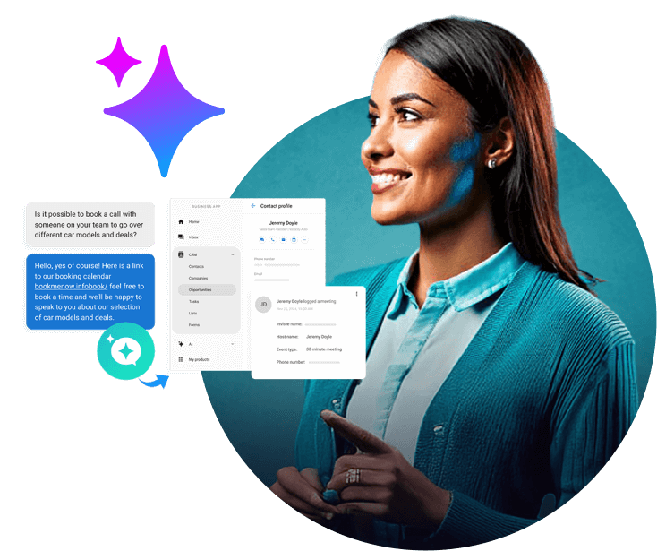 Smiling woman in teal sweater discussing booking a meeting.