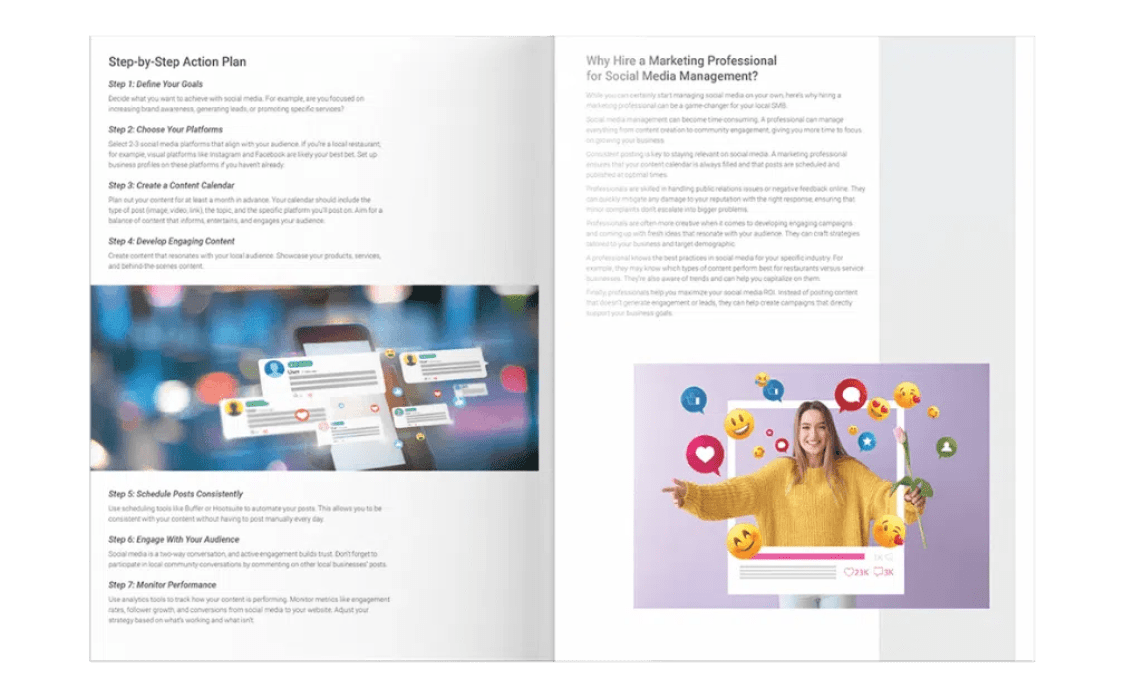 Social media marketing action plan and visuals.