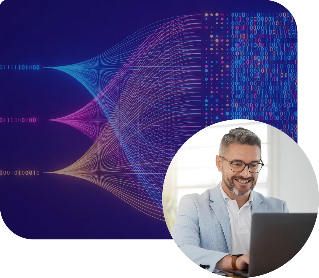man working on a laptop with modern ai graphic behind him