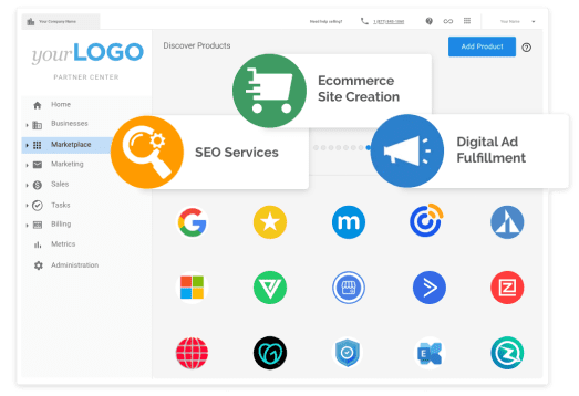 Vendasta marketplace dashboard showing available products to resell